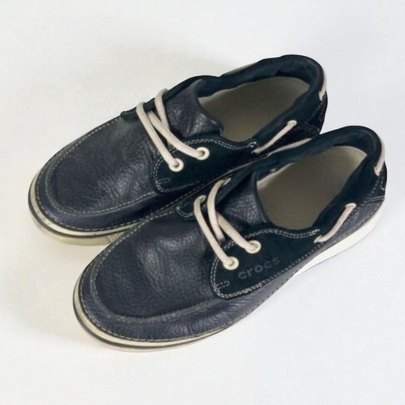 CROCS Other - Crocs Mens Navy Black Boat Shoes Vegan Leather Size 9 12595‎ Croslite Comfort